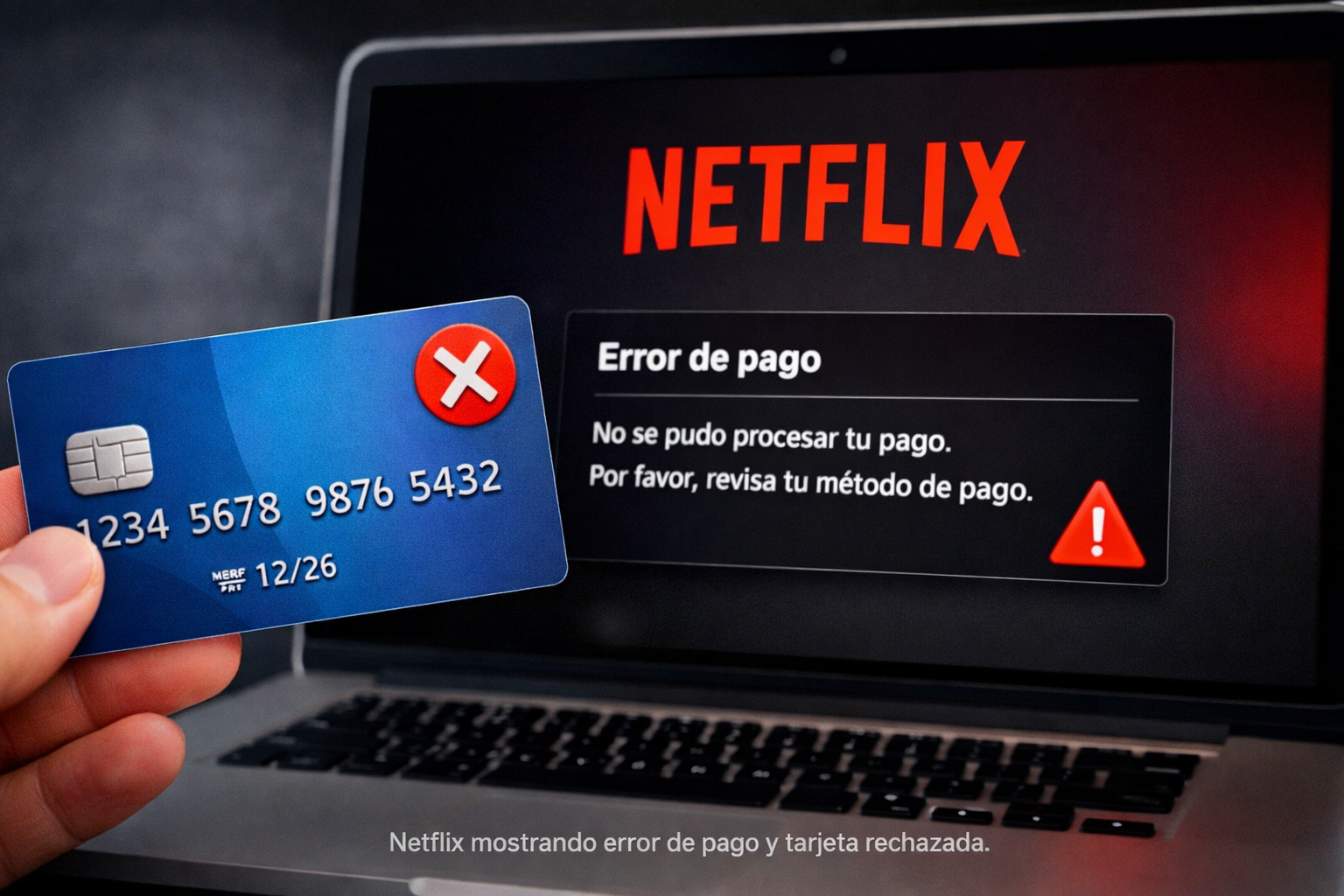 Pantalla de Netflix mostrando 'Error de pago' y una tarjeta rechazada en Argentina.